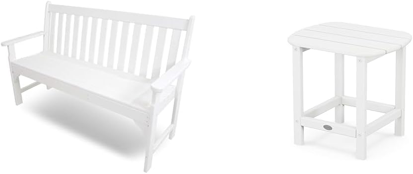 Polywood Vineyard 60" Bench, White & SBT18WH South Beach 18" Outdoor Side Table, White