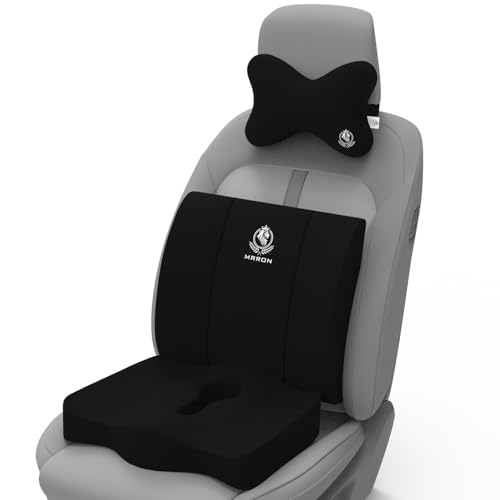Image of MRRON Memory Foam Car Seat Cushion Combo - Backrest, Coccyx Cushion & Neckrest - Orthopedic Support for Back, Sciatica & Neck Pain - Ergonomic Comfort for Car, Office. (Black, Lumbar)