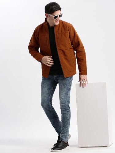 Image of SHOWOFFFF Men Solid Bomber Jacket | Mock Collar Full Sleeves Nylon Jacket for Mens | Slim Fit Regular Length Jacket for Men's