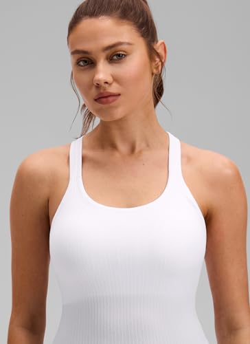 Image of CRZ YOGA Seamless Rib Racerback Tank Tops | Light Support, Built in Bra, Removable Pads, Yoga, Ribbed, High Neck, for Women