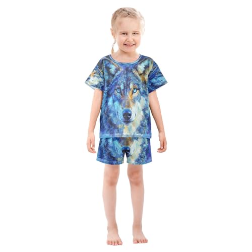 ALAZA Wolf Watercolor Blue Pajamas Set Short Sleeve Cotton Sleepwear Summer Pjs 2 Piece 5-14Y3