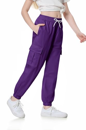 Image of SANGTREE Girl's&Women's 2 Packs Cargo Pants Elastic Waist Drawstring Tapered Multi Pockets Cargo Jogger Pants