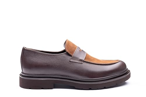 Image of Men's Leather Penny Loafers with Lug Sole - Slip-On Casual Dress Shoes, Full-Grain Leather & Suede Upper, Comfortable Rubber Sole