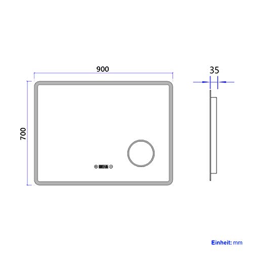 Meykoers Wandspiegel, badkamerspiegel, LED-badkamerspiegel met verlichting, 90 x 70 cm, spiegel met vergroting, touch-schakelaar, klok, anti-condens, lichtspiegel, koudwit 6400 K - Image 8