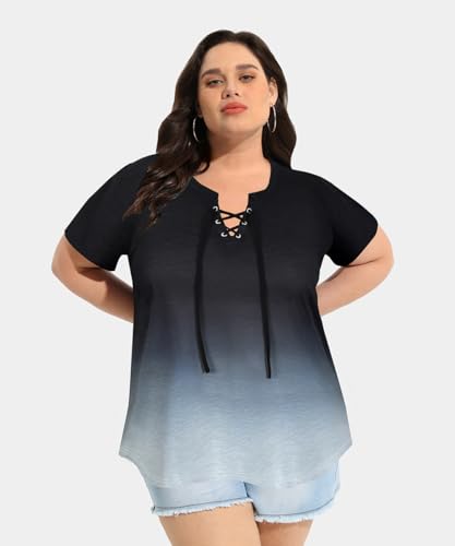 Image of CARCOS Womens Plus Size Tops Short Sleeve Shirts V Neck Tunic Floral /Tie Dye /Solid Summer Tees XL-5X