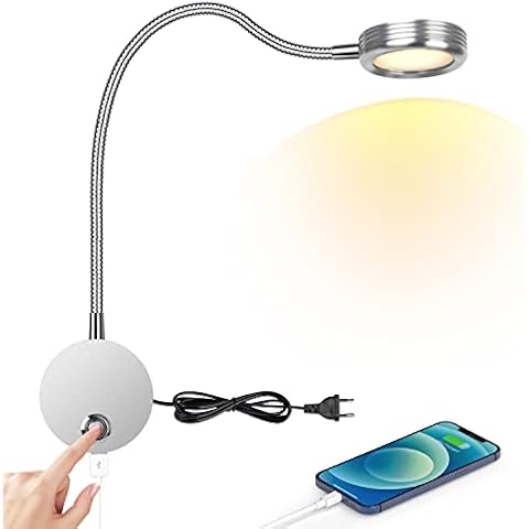 Leselampe Wandmontage, LED Bettleuchte Wandleuchte mit Touch Button Einstellbar Licht 3000-6000K, 4W Bettlampe 360° Flexible Schwanenhals Lampe mit USB-Ladeanschluss für Bett, Schlafzimmer Cover