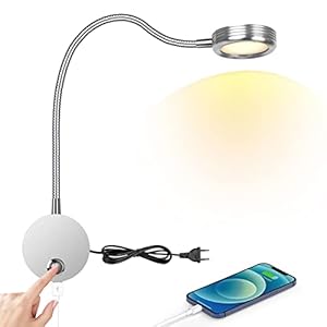 ERWEY Lampe de Lecture Murale, Lampe de Chevet LED Chambre Applique avec Bouton Tactile Lumière Réglable 3000K-6000K, 3W 360° Lampe Col de Cygne Flexible avec Port de Charge USB, Argent