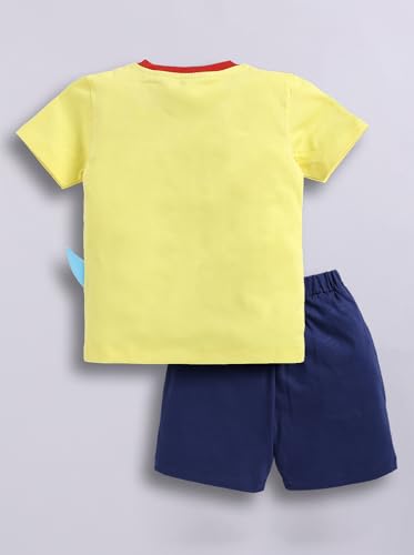 Image of LITTLE NINJA Pure Cotton Knee Length Half Sleeve Roaring Dinasour Printed Tee & Shorts Set - Yellow 0-6M