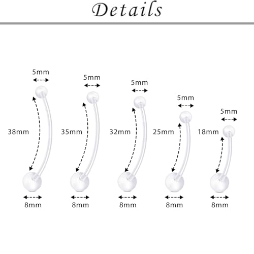 TOKRING Pregnancy Belly Button Rings Plastic Maternity Long Belly Button Rings Bar for Healing Clear Flexible Belly Piercing Retainer with Different Balls for Replacement 18mm 25mm 32mm 35mm 38mm