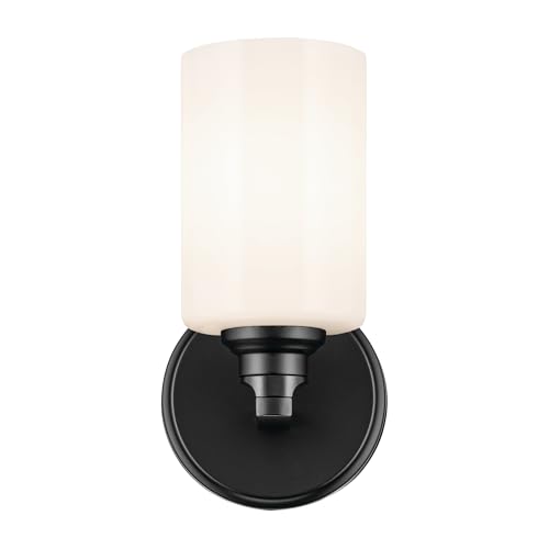 Image of Kichler Gioe 5 inch 1-Light Wall Sconce Bathroom Light Fixture with Opal Glass in Black, Damp Rated for Powder Room, Kitchen, Hallway, Bedroom (5 inch x 9.5 inch x 5 inch), 55224BK
