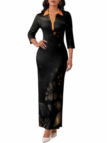 Image of PinkPatty Women's Casual 3 /4 Sleeve Polo V Neck Bodycon Maxi Dress