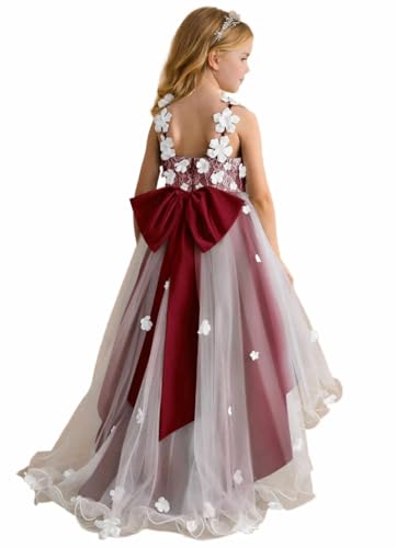 Cusrrod Burgundy Floral Rose Petals Flower Girl Dress for Wedding Birthday Girl Dress with Train Junior Flower Girl Dresses Size4