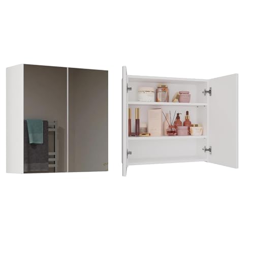 CDF Meuble de Salle de Bain Suspendu avec Double Miroir Armoire de Toilette Murale 2 Portes 3 Étagères au-Dessus du Lavabo Spacieux 60 x 60 x 22 cm - Blanc