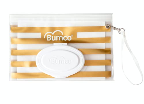 Image of Bumco Reusable Travel Baby Wipes Case and Refillable Pouch Dispenser (Gold) | Airtight refillable container keeps wet wipes moist. Portable diaper bag organizer and carrying clutch. Unique baby gift.