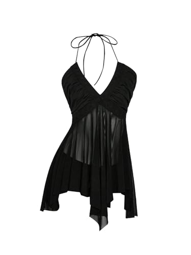 Milumia Women's Ruffle Sheer Halter Tops Ruched V Neck Backless Party Rave Cami Tops