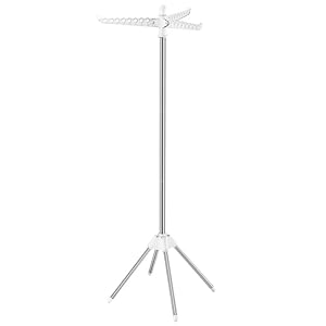 SONGMICS Clothes Drying Rack, 59-Inch Folding Laundry Drying Rack with 3 Rotatable Arms for Hangers, 4 Legs, Stainless Steel, for 27 Pieces of Clothes, White and Silver ULLR510W01