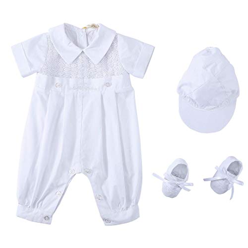 Bow Dream Baby Boy's 3 Pcs Christening Baptism Outfit Embroideried Lace Infant Romper Short Sleeve 0-3 Months