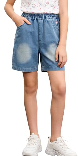 SEAUR Short en Jean Large Fille Adolescente Bermuda Long Été Taille Élastique Pantalon Court avec Poches 13-14 Ans
