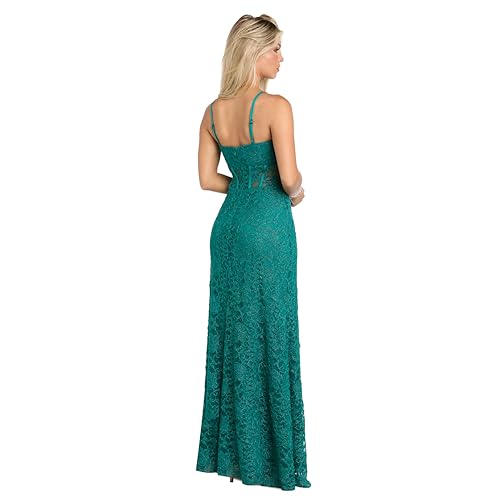 Image of Long Lace Corset Gown W /Illusion Scallop Bodice, Spaghetti Straps & High Slit
