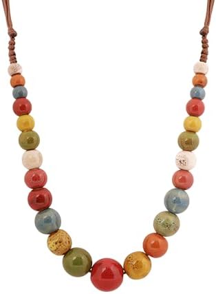 MINACHI Hippie Boho Colorful Ceramic Round Spherical Bead Necklace, Bohemian Summer Fall Statement Jewelry Gifts for Women