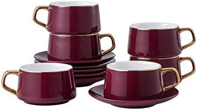 Set of 6 (8.5 oz) Cups and Saucers with gold trim and gift box, Luxury Tea Cup Set, Esspresso Cup, Cappuccino Cups, British Tea Set, Porcelain Tea Cups, Latte Cups, Espresso Mug, Mocha Cup Set(Red)