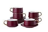 Set of 6 (8.5 oz) Cups and Saucers with gold trim and gift box, Luxury Tea Cup Set, Esspresso Cup, C