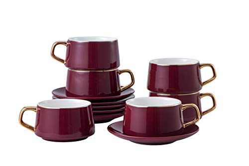 Set Of 6 (8.5 Oz) Cups And Saucers With Gold Trim And Gift Box, Luxury Tea Cup Set, Esspresso Cup, Cappuccino Cups, British Tea Set, Porcelain Tea Cups, Latte Cups, Espresso Mug, Mocha Cup Set(Red) #TOP14