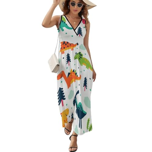 Robe maxi de plage sans manches imprimé dinosaure pour femme adepte du style décontracté
