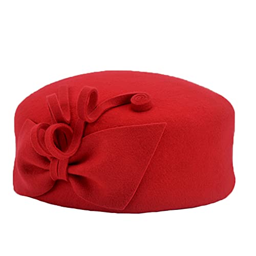 Aobricon Wool Felt Berets Women Party Flower Formal Fedora Hat Banquet Grace Woolen Pillbox Beautiful Cap Wine Red, One Size #TOP5