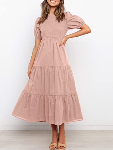 Anrabess Women's Summer Casual Midi Maxi Dress Boho Puff Short Sleeve Smocked A-Line Long Dress With Pockets 484Fense-S Pink #TOP29