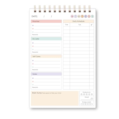 ADHD Daily Planner for Neurodivergent Adults, 60 Sheets Undated Productivity Planner with Brain Dump & Self Care, 7"×10" Notepad to Stay Organized and Focused