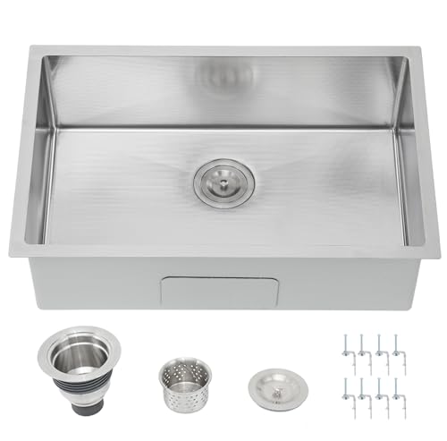 Image of 28 Inch Undermount Kitchen Sink, 28x18 inch 3D Embossed 16 Gauge Handmade Stainless Steel Single Bowl, 9 Inch Deep Under Mount, Brushed Nickel with Drain Strainer, RV Laundry Wet Prep Utility Sink