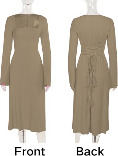 Image of Shasmi Women's Square Neck A-Line Dress - Long Sleeve, Tie Waist, Knitted Stretchable, Casual & Office Outfit, Solid Winter Midi Dress for Women (Dress 221)