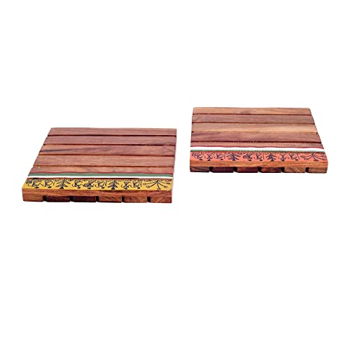 Image of AAKRITI ART CREATIONS Rustic Square Wooden Trivets | Floral Art | Brown Rosewood Trivets Set of 2 | Matte Finish Heat Resistant Coasters | for Dining Table & Kitchen