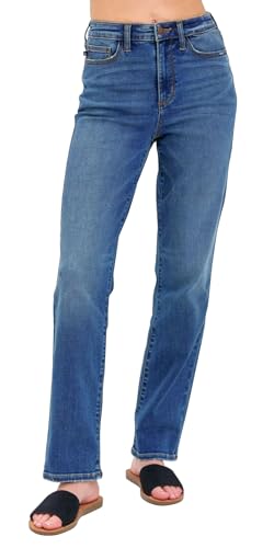 Judy Blue Women's High Rise Mom Jeans, Tummy Control Waist Straight Fit Denim Pants