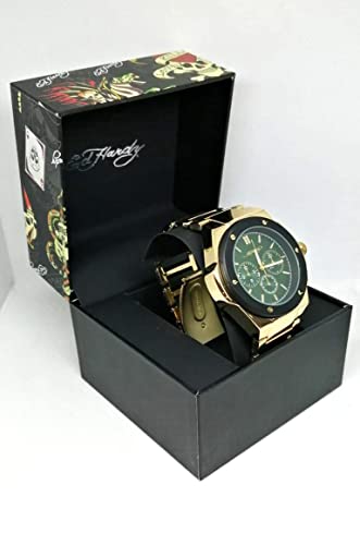 Ed Hardy Men's Analog Watch Gold Steel Case Green Dial Gold Steel Bracelet with Black Accent