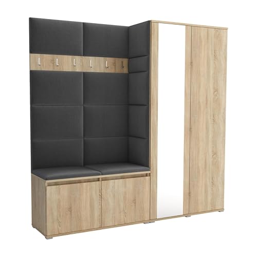Brent - Flurgarderobe Luton 4, Garderobe Set: Schuhbank mit Sitzfläche, Garderobenpaneel, Garderobe mit Spiegel, Flur Möbel, Sonoma Eiche + Polsterpaneele in Grau