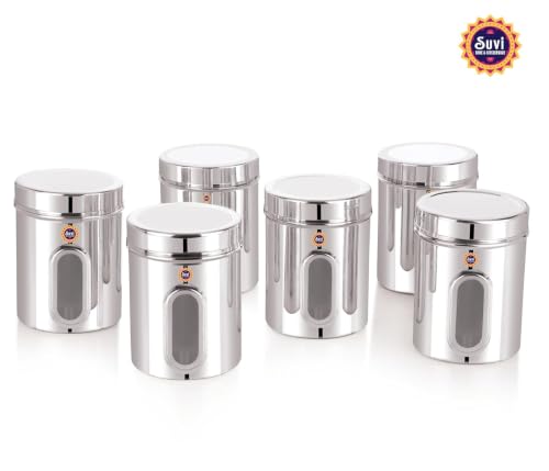 Image of Suvi 2kg Set of 6pcs Stainless Steel Kitchen Containers with See Through Window | Food Storage Dabba | Steel Containers Set | Silver Mirror Finish | Food Grains Capacity - 2kg Approx (2500ml-6pcs)