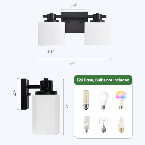 Image of 15 Inch Black Bathroom Light Fixtures over Mirror 2 Light Matte Black Vanity Light Milk Glass Makeup Shower Lamp Small Farmhouse Wall Sconce Modern Desk Vintage Rustic Bath above Sink Lighting