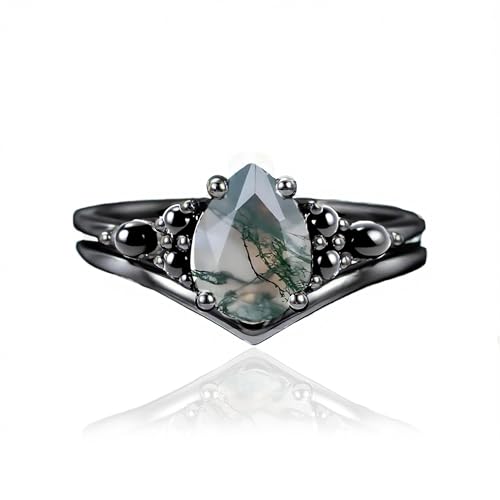 Black Moss Agate Wedding Ring Set for Women 925 Sterling Silver 10K 14K 18K Moss Agate Bridal Jewelry Set for Wedding Black Engagement Ring Promise Ring for Women Wife Bridal Size 4-15