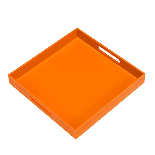 Kevlang Orange Sturdy Acrylic Serving Tray With Handles-12X12Inch-Serving Coffee,Food,Breakfast,Butler-Kitchen Countertop Tray-Makeup Drawer Organizer-Vanity Table,Ottoman Tray-Decorative Tray #TOP14