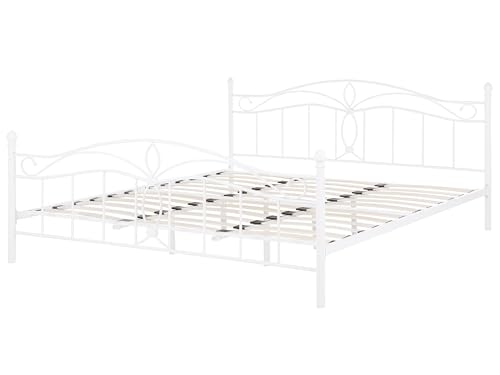 Lit Double Métallique Blanc 180x 200 cm en Fer Forgé avec Sommier à Lattes Inclus Style Romantique pour Chambre au Style Boho ou Rétro Beliani