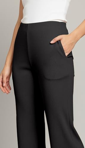 Image of Mehrang High Waisted Wide Leg Ribbed Knit Trousers with Pockets | Casual and Stretchy Pants | for Women