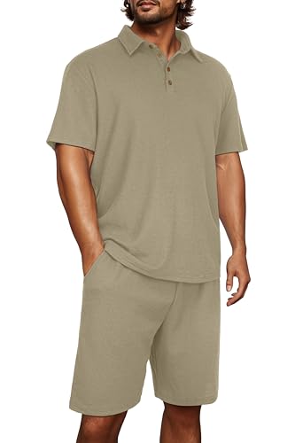 PrinStory Men's Summer Outfits Waffle Knit Polo Shirt and Shorts Set 2 Pieces Casual Tracksuit with Pockets