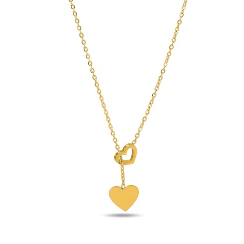 Image of PALMONAS 18k Gold Plated Two Heart Gold Lariat Necklace for Women - Gift for Girls & Women | Waterproof & Anti-Tarnish Necklace