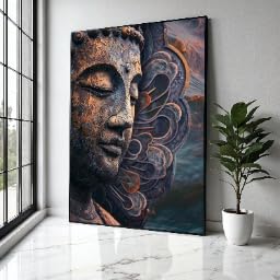 Toile visage de Bouddha finition métal sculpture zen 60 x 80
