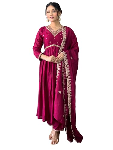 Shiv Textiles Embroidery Maroon Kurta Trousers With Dupatta Striped Viscose Art Silk Three-Quarter Sleeves Kurta Sets For Womens(Jd-Sameera-Maroon-Xl)