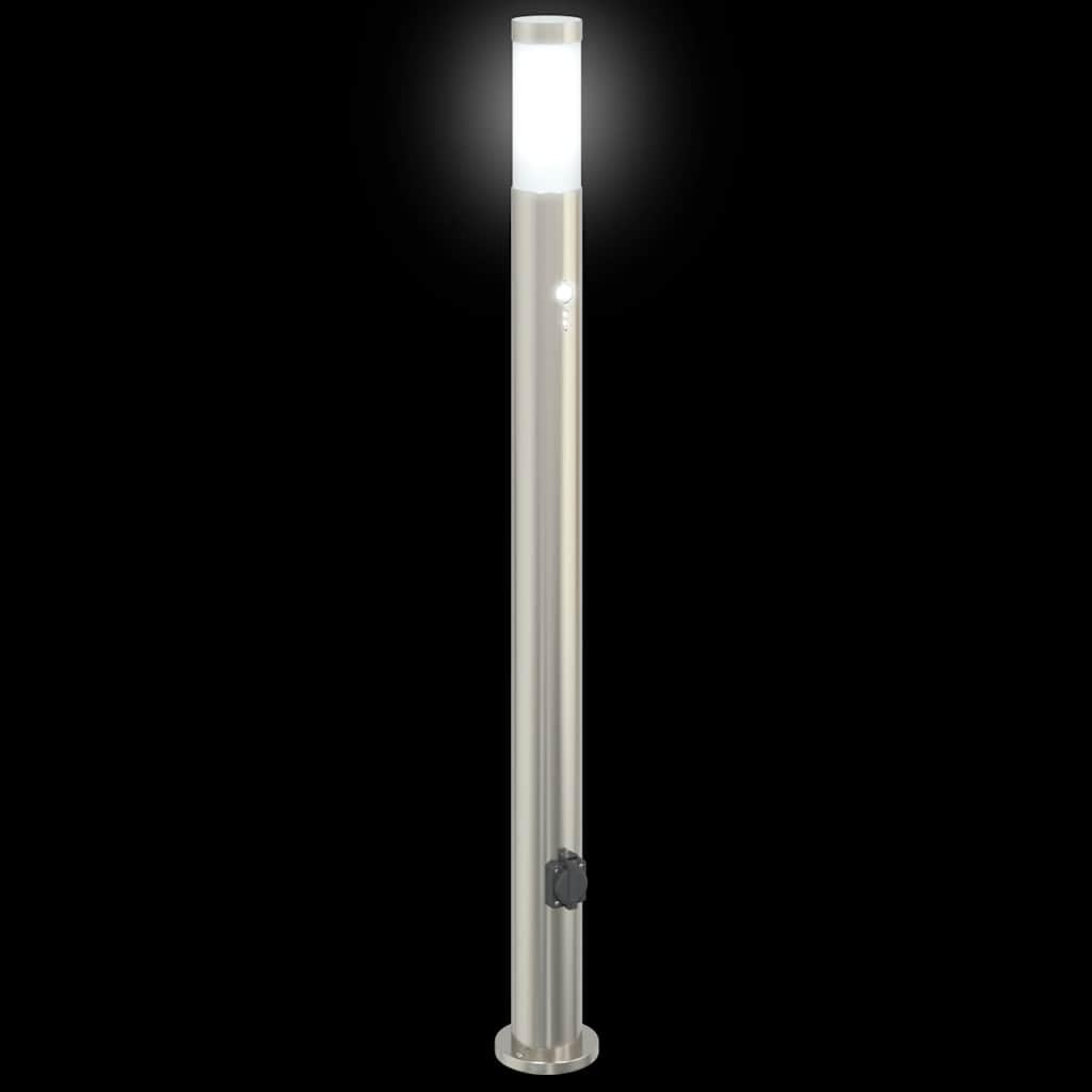 Pollerleuchten aus Edelstahl 110 cm mit PIR-Bewegungssensor, integrierter Steckdose, IP44 Schutz, 3er Set für Garten, Terrasse, Außenbeleuchtung und energiesparende Lichtlösung