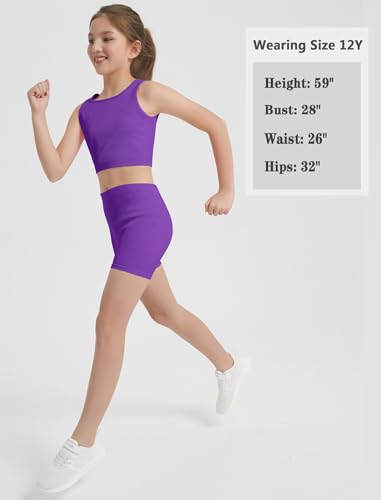 Image of EXARUS Girls 2 Piece Outfits Seamless Ribbed Cropped Tank Top Shorts Set | Teen Two Piece Outfit Tween Summer Dance Vacation Yoga Crew Neck Youth Athletic Workout Set Kids High Waist Elasticity 6-14Y