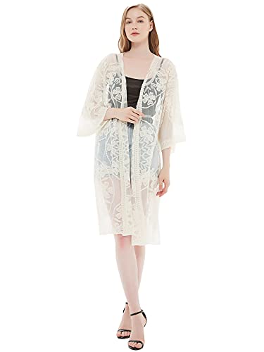 Anna-Kaci Women's Long Embroidered Lace Kimono Half Sleeve Cover Up Cardigan4
